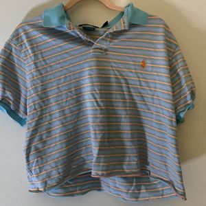 Cropped Polo by Ralph Lauren Blue,Orange, and White collared button up top.